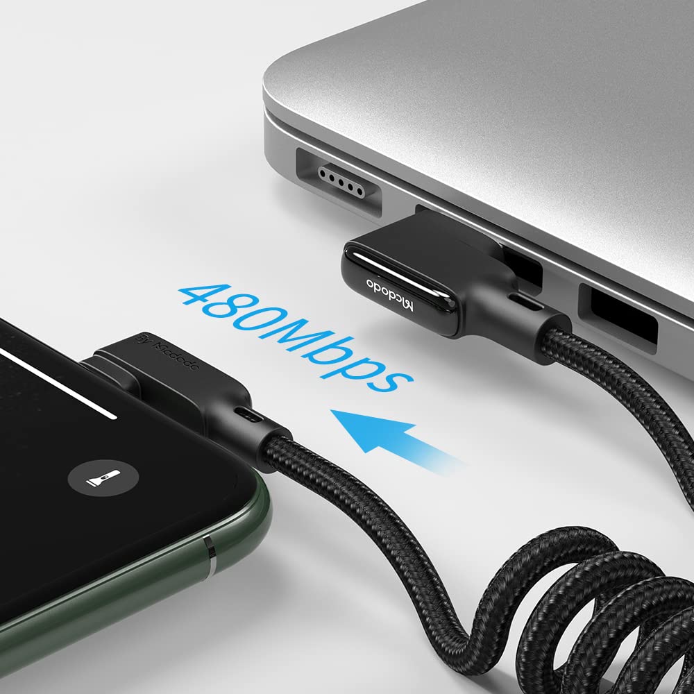 mcdodo Lightning Fast Charge 90 Degree Straight With LED light Long Gaming Data Cable for Charging & data Sync Black Glue Series Black 1.8 Meter