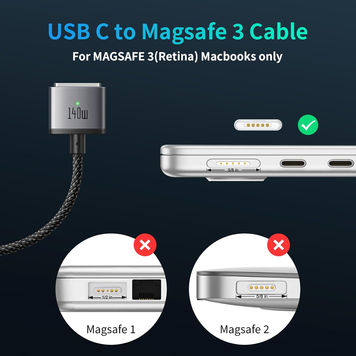 Mcdodo 140W USB-C to Magnetic 3 Cable, Compatible with MacBook Pro 2021 M1 Pro & Max Chip 14" 16", MacBook Air 2022 M2, MacBook Pro 2023 M2 Pro & Max Chip 14" 16", Safe 3 Cable for MacBook - 6.6ft
