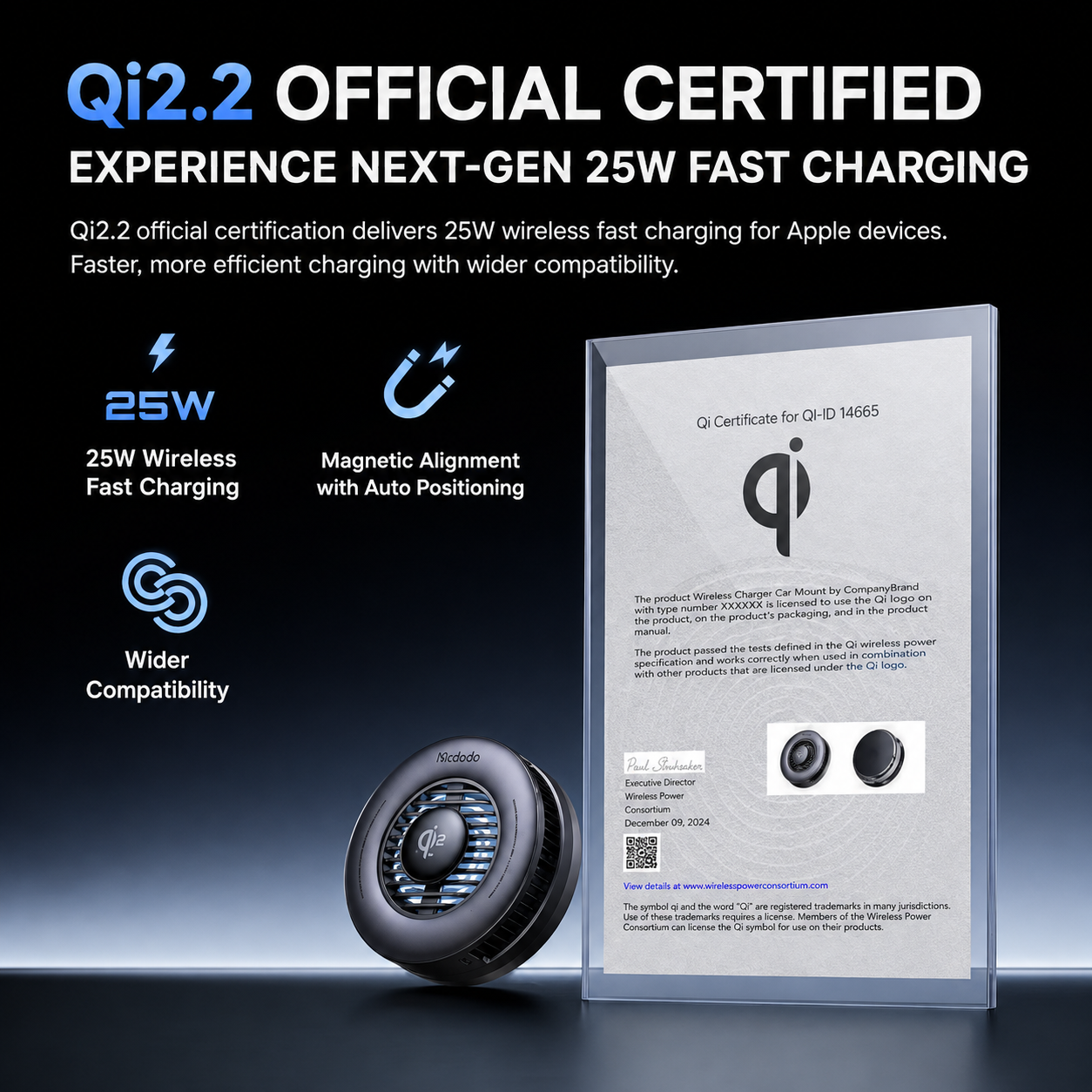 Mcdodo TEC-Cooled Wireless Charging Pad  is Qi2.2 25W certified and TEC-cooled for faster, more efficient charging.