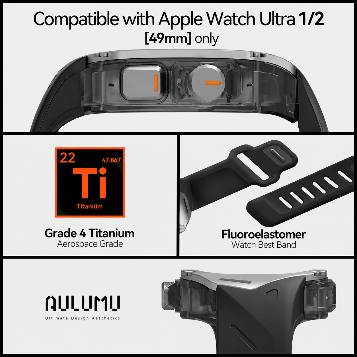 Aulumu A01 Case with Band for Apple Watch Ultra 1/2/3 | Titanium Cover | FKM Band