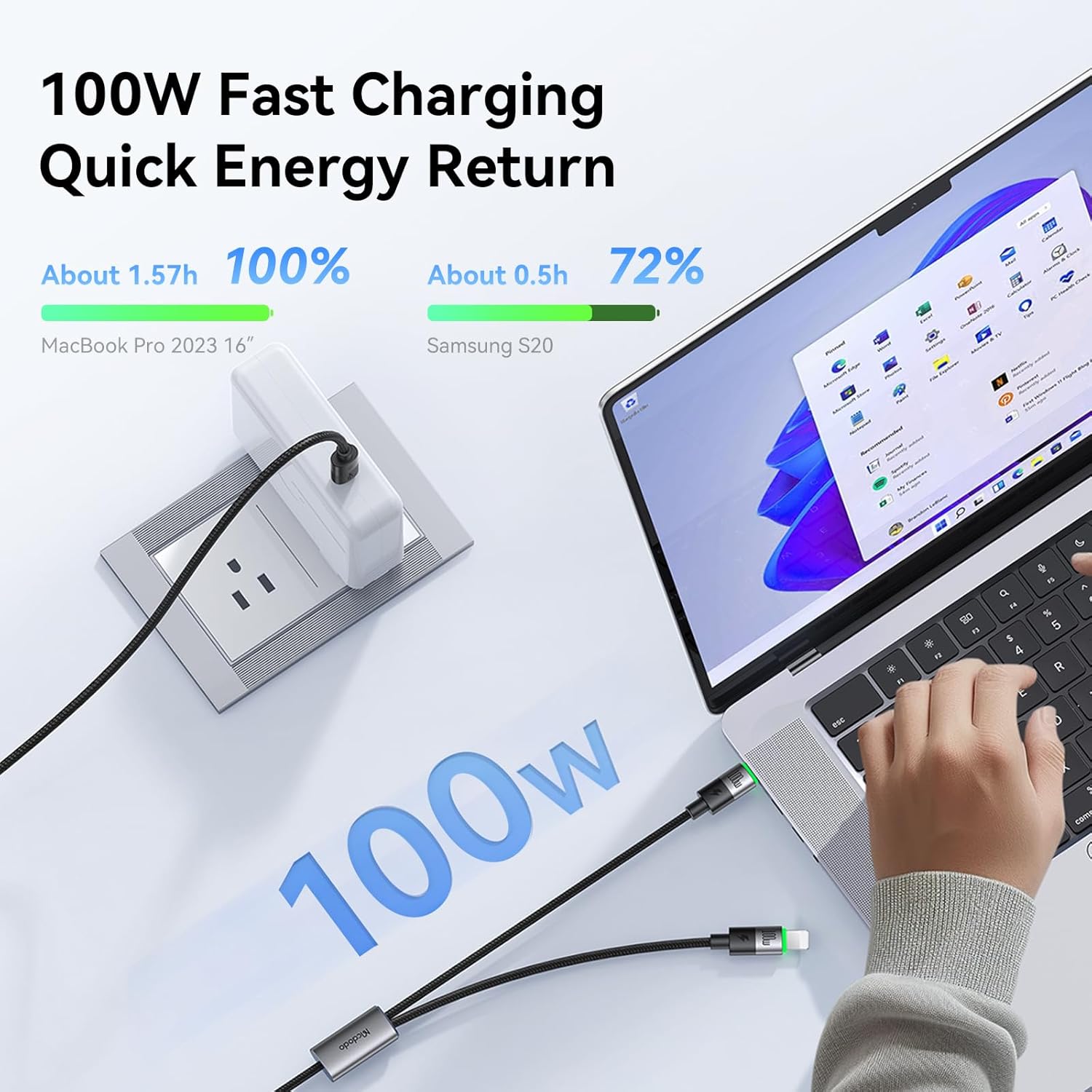 mcdodo USB C and Lightning Cable 2-in-1, USB-C to C & Lightning 100W Fast Charging Cable