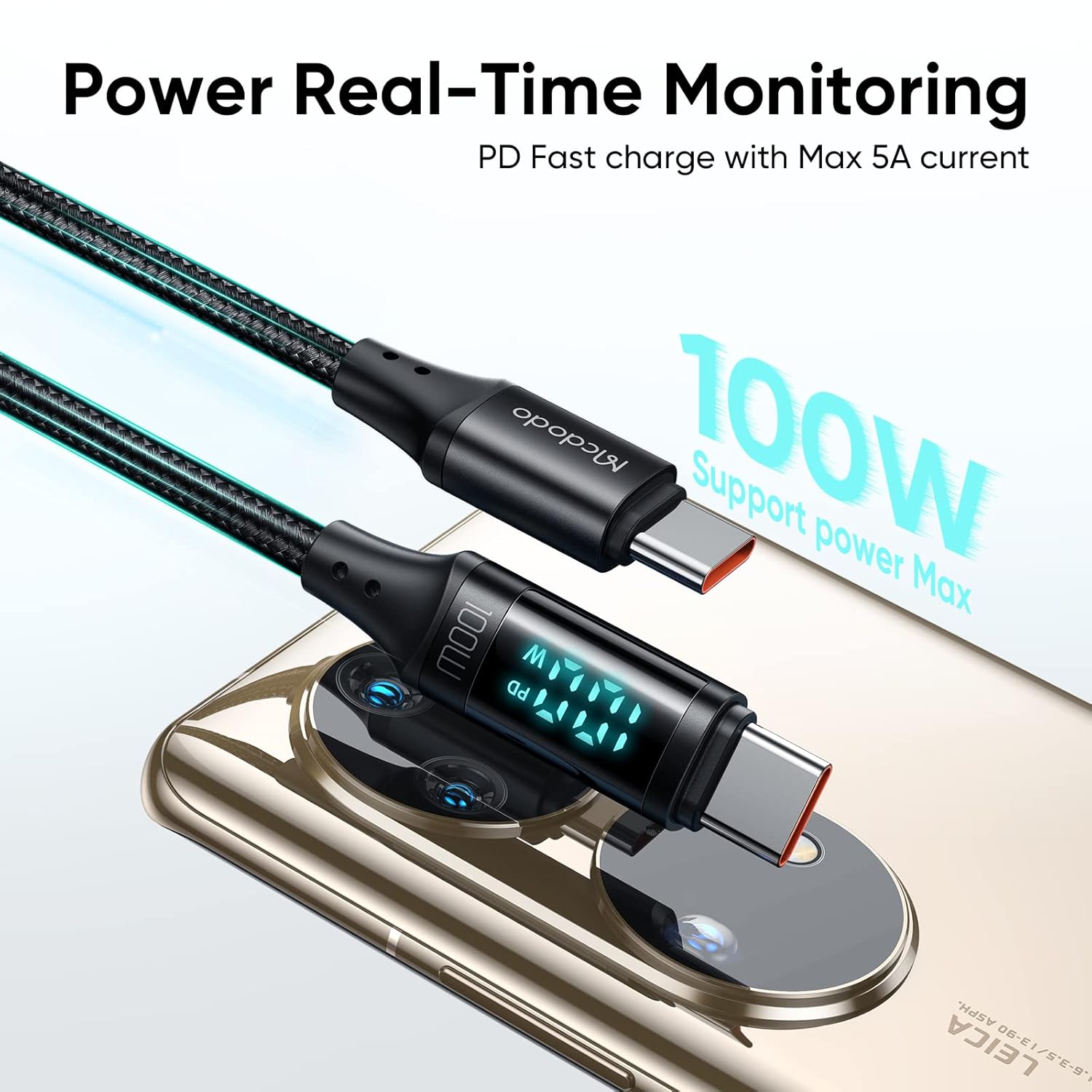 Mcdodo PD 100W USB C Cable, 5A Type C to C Fast Charging Cable, 4Ft LED Display Cable Nylon Braided USB C 480Mbps Data Cable Mate