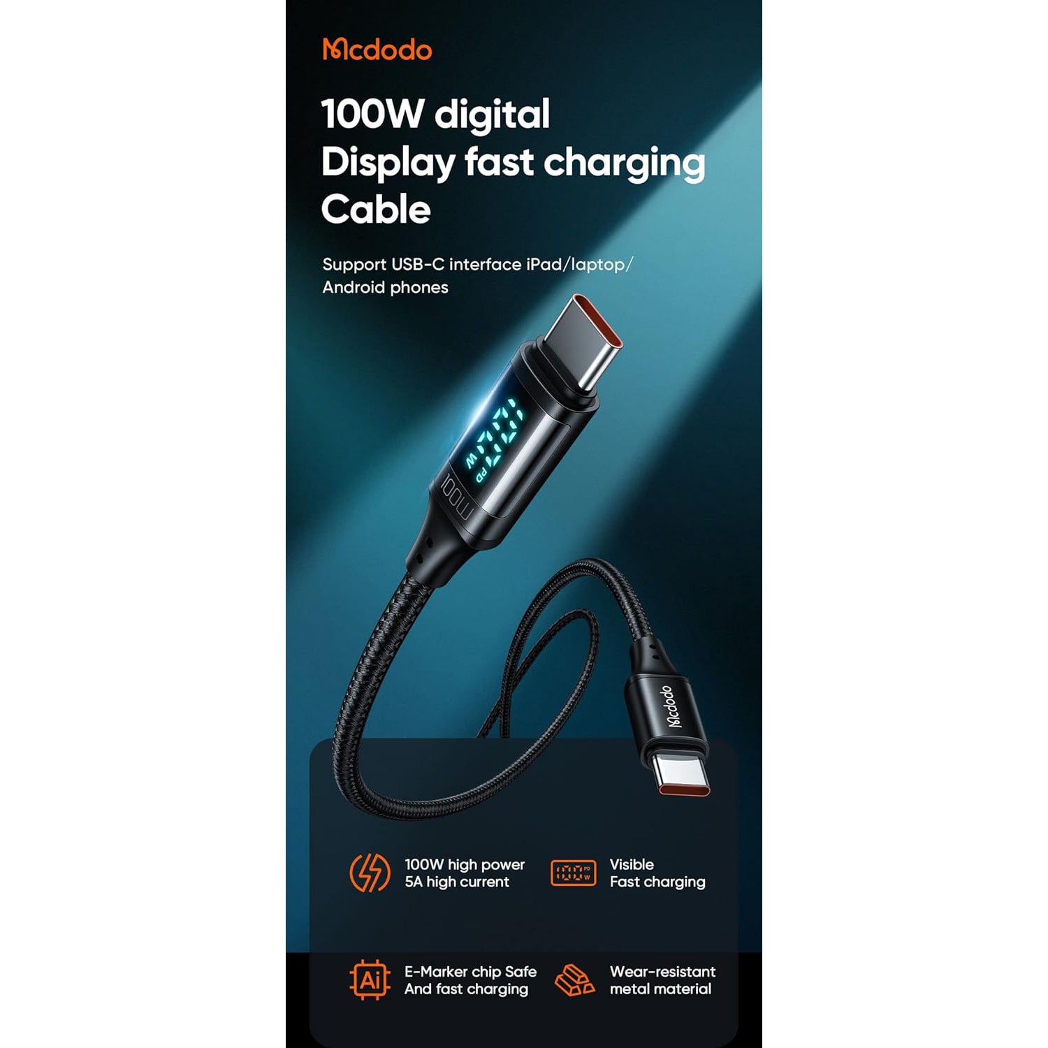 Mcdodo Digital Display 100W Type-C to Type-C Data Cable 1.2m - Black