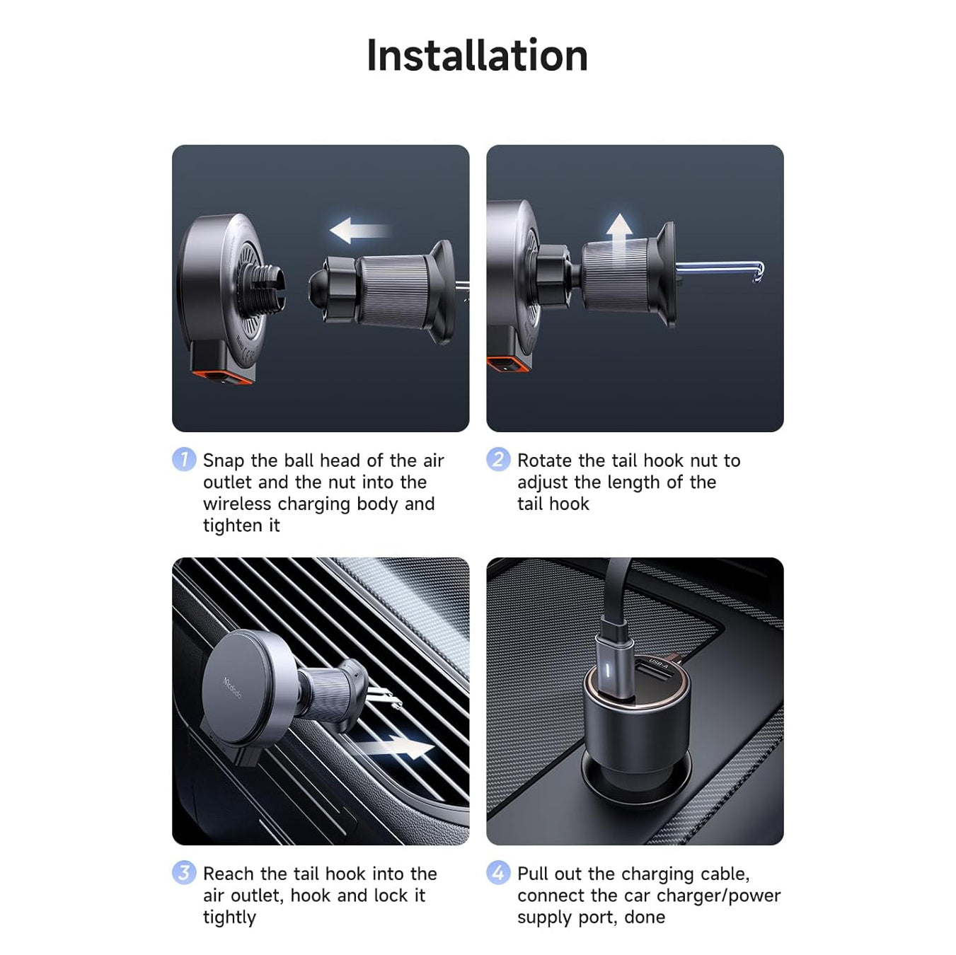 mcdodo for 15W MagSafe Car Mount Charger [Equipped with Type-C extendable Cable] Wireless Car Charger Magnetic Phone Holder Mount, Automobile Car Phone Holder Vent Fit