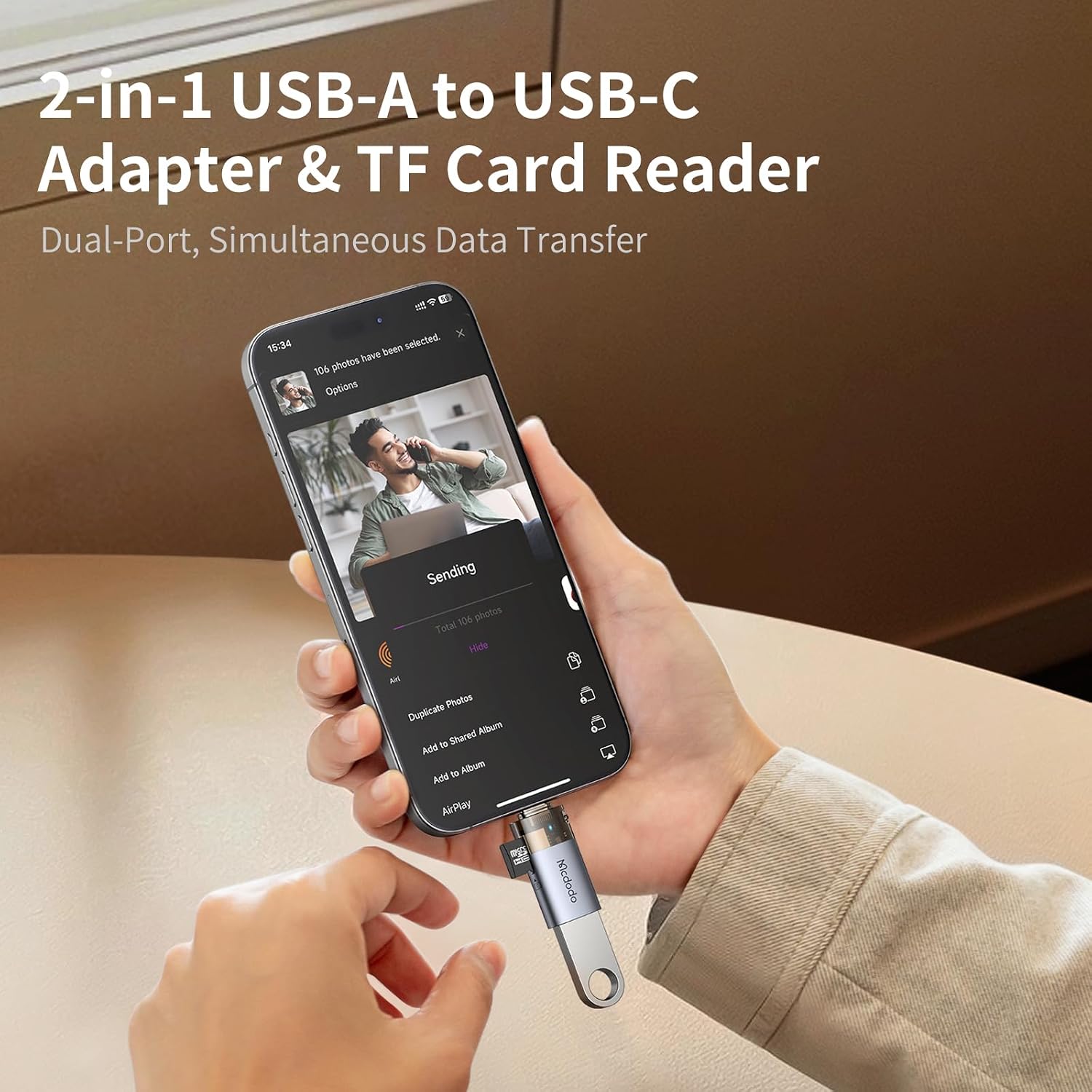 Mcdodo USB to USB-C Adapter with Micro SD Card Slot,TF Card Reader Type-C to USB 3.0 OTG Adapter Support Camera Mouse Keyboard Connect U Disk,Fit iPhone 16 15 MacBook iPad Galaxy