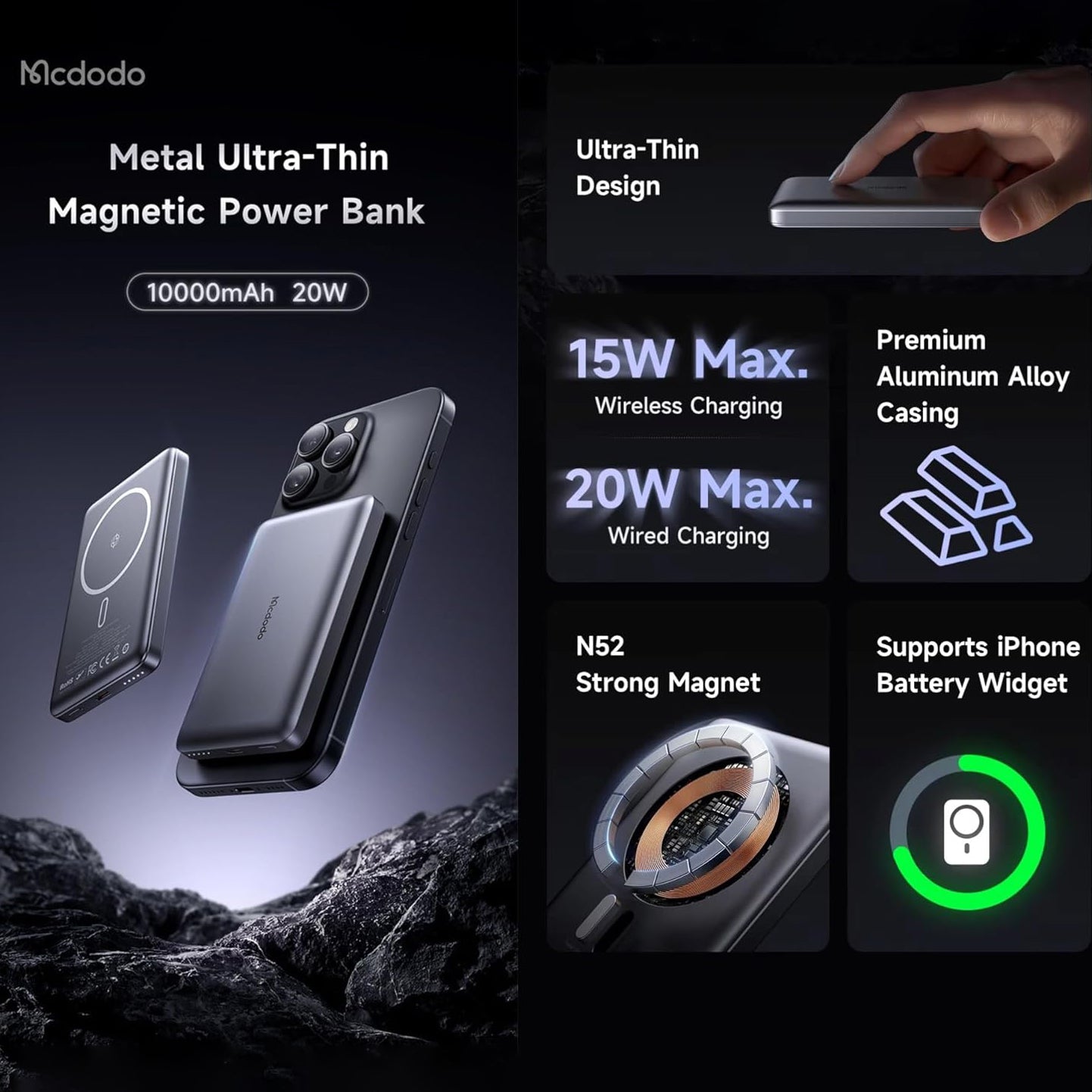 Mcdodo MC-4651 10000mAh 20W Metal Ultra Slim Magnetic Wireless Powerbank - Black