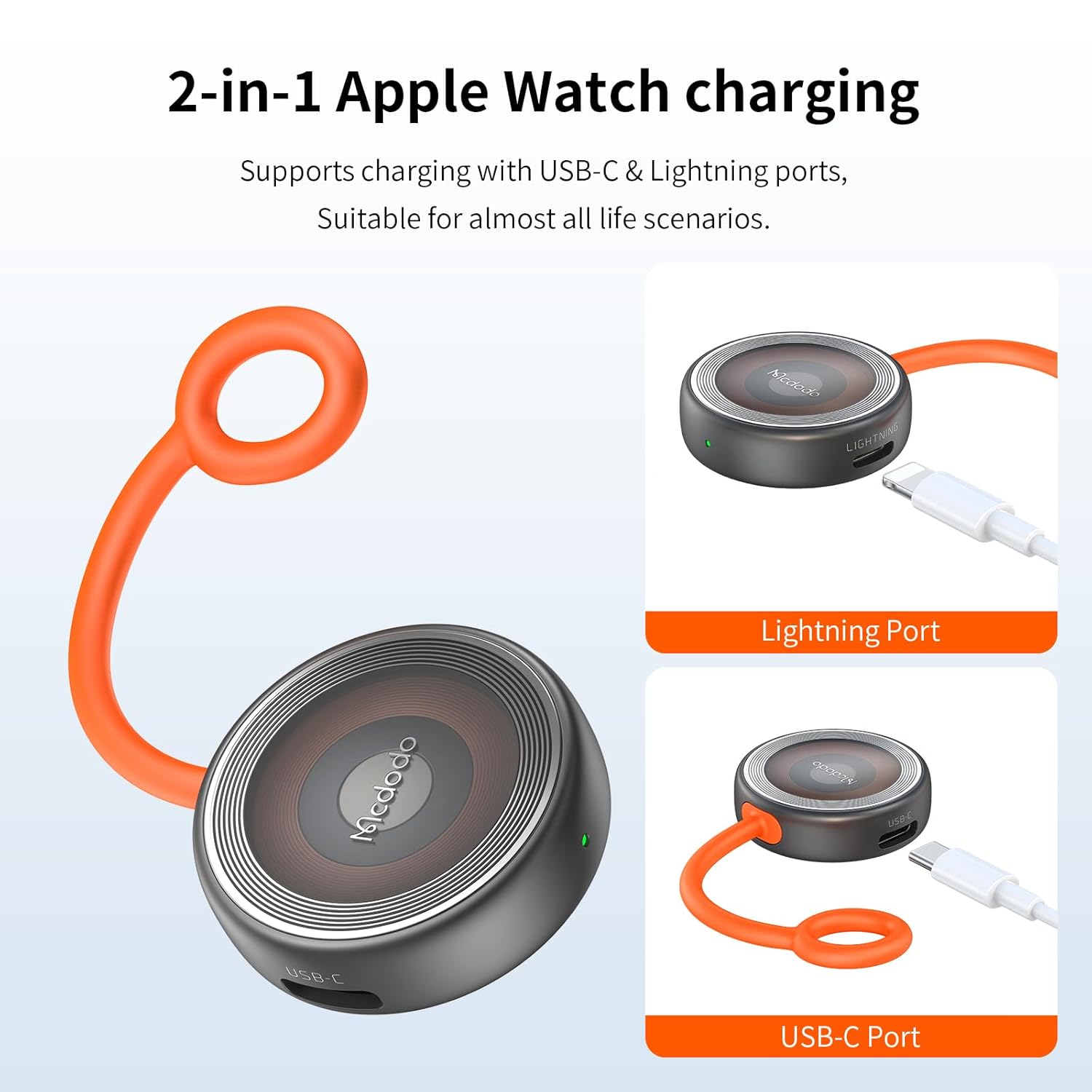 Mcdodo Apple Watch Magnetic Charger[USB-C&Lightning Port], Portable Wireless iWatch Charger Fast Charging Fit Apple Watch Series10/9/8/7/6/5/4/3/2/1/SE/SE2/UItra 2/Ultra