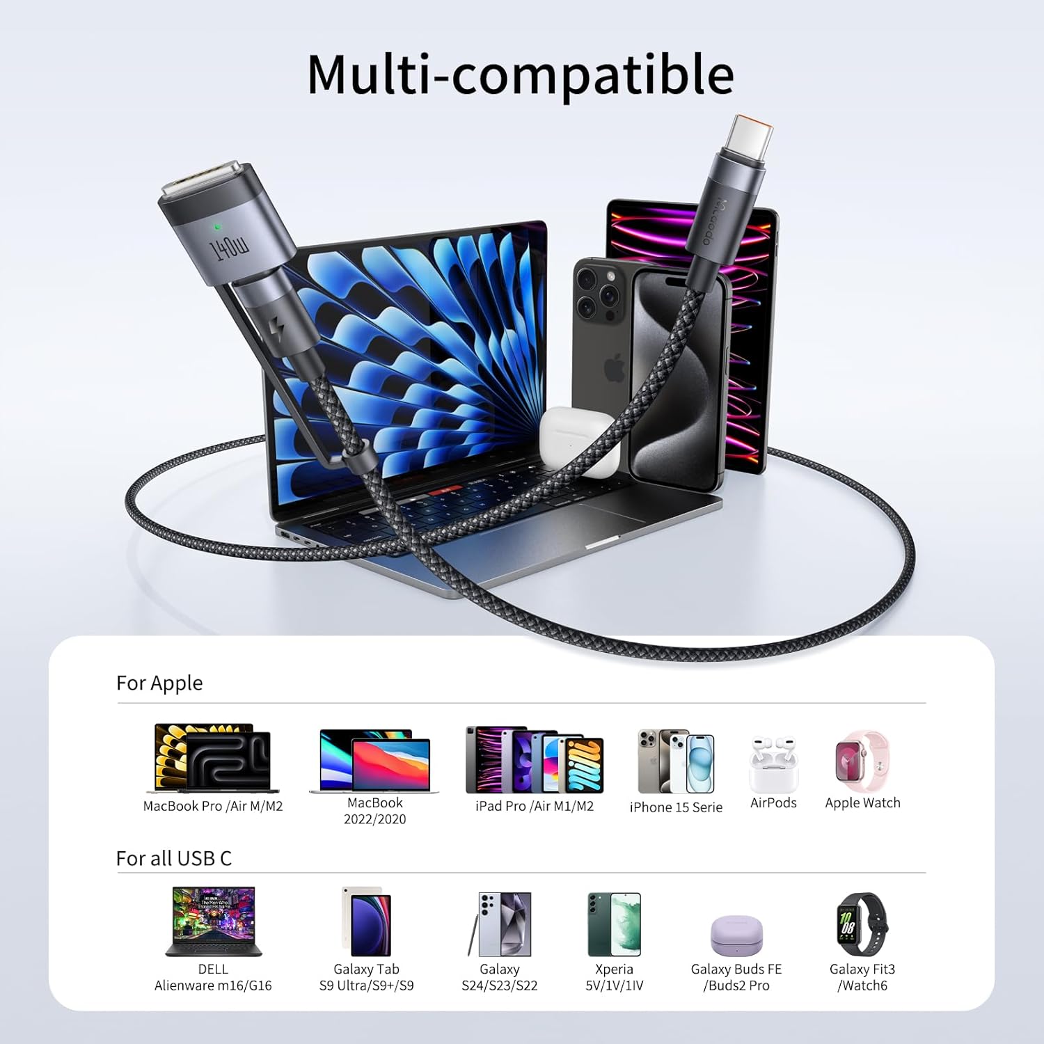 Mcdodo USB C to Mag-Safe 3 Cable 140 W/240 W USB C to USB C Charging Cable 2 m Fast Charging Type C to Mag Safe 3 Compatible with MacBook Pro M1 2021, MacBook Air M2, 2023 M2 Pro iPad Pro, Macbook
