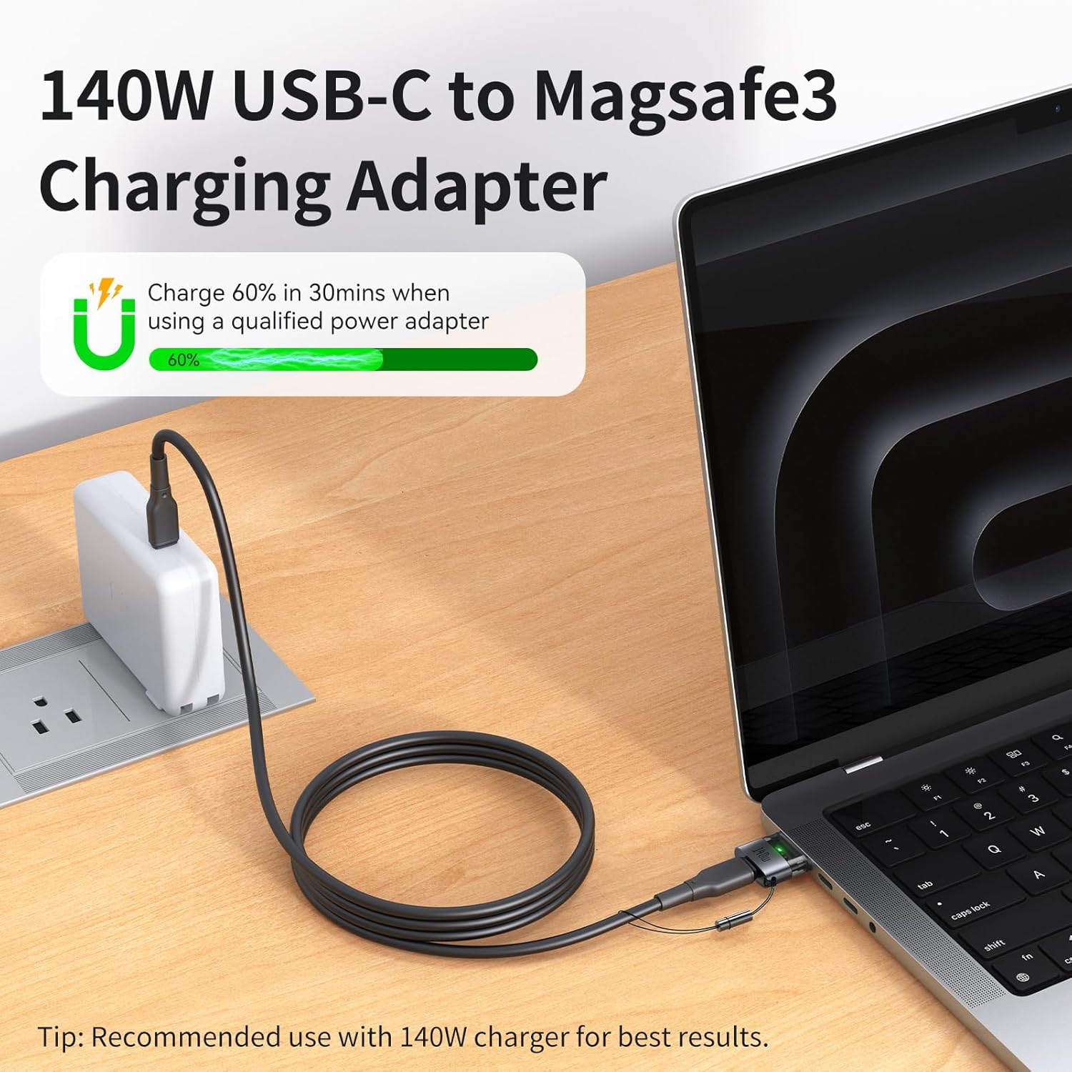 mcdodo 140W USB-C to Magsafe 3 Adapter with LED Light, Portable and Lightweight Magnetic3 Adapter Fit for MacBook Pro M5 M4 M3 M2 M1 (2021-2025) 14"/16", MacBook Air M4 M3 M2 (2022-2025) 13"/15"