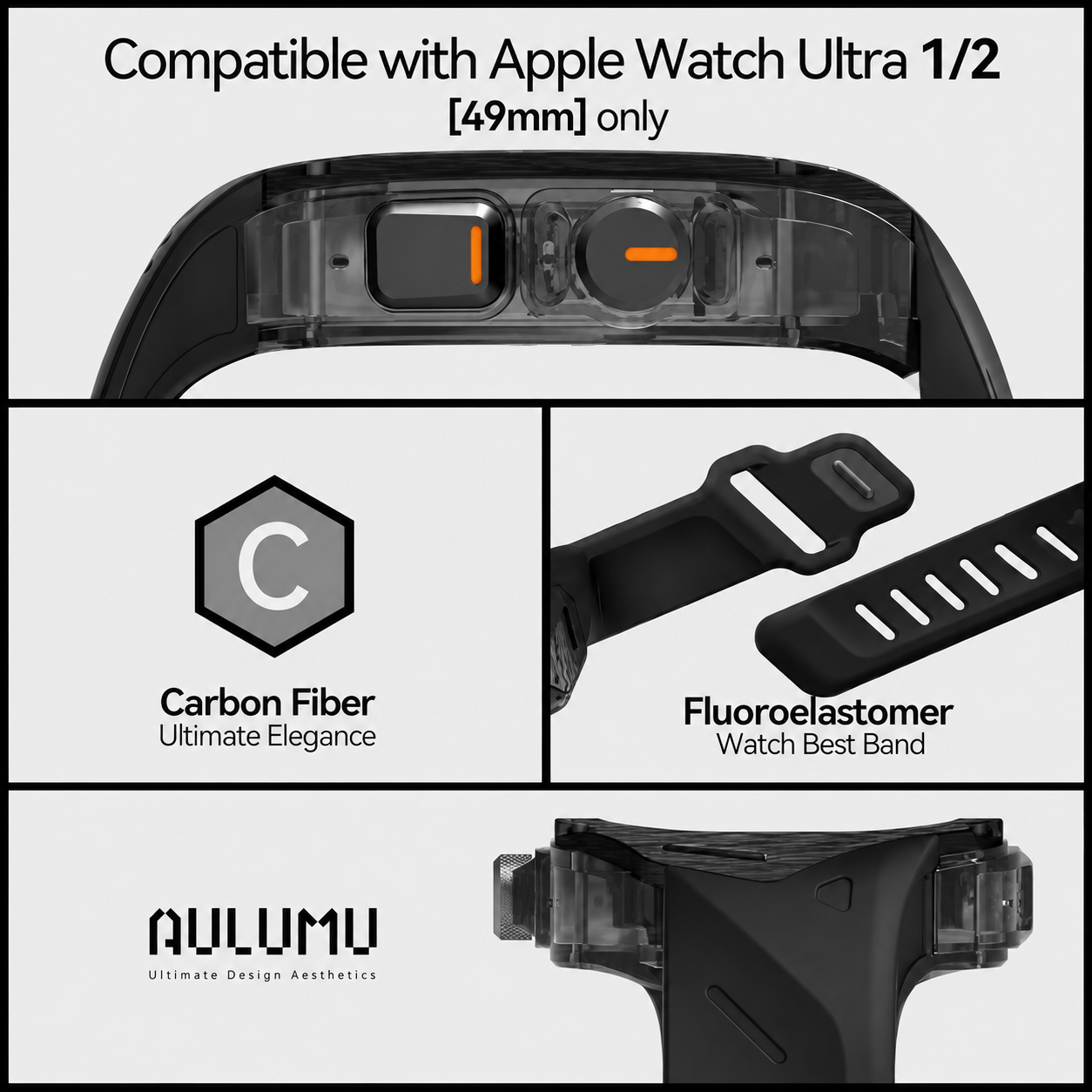Aulumu A01 Case with Band for Apple Watch Ultra 1/2/3 | Carbon Fiber Cover | FKM Band