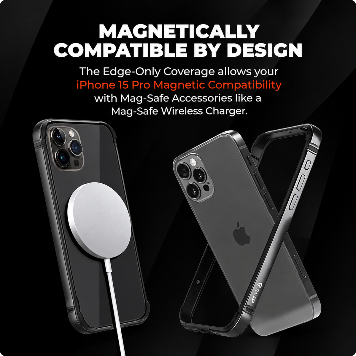 RAEGR Case| Anodized Aluminum Bumper | Supports Magnetic Wireless Charging | Edge Armor Protective Minimal Case Designed for iPhone 15 Pro (6.1-Inch) (2023)