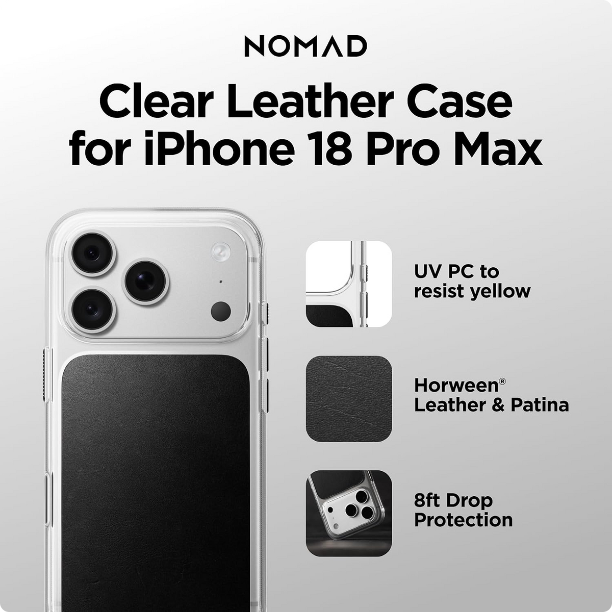 NOMAD Clear Leather iPhone 18 Pro Max Case Magsafe with Saddle Horween Leather
