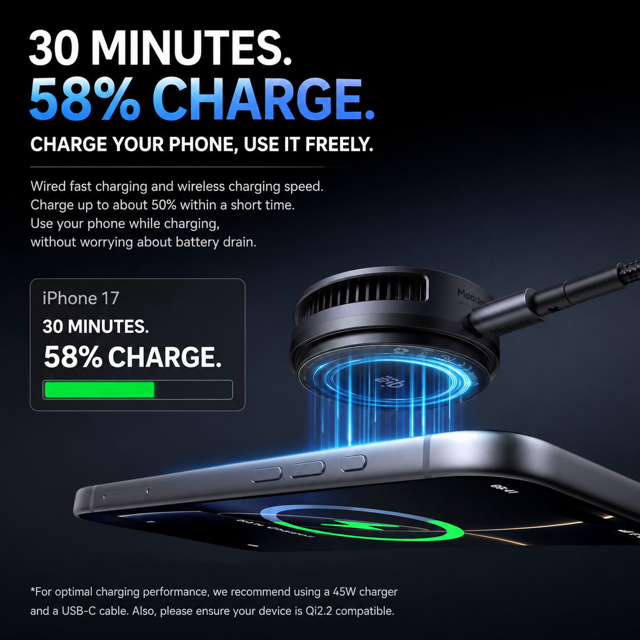 Mcdodo TEC-Cooled Wireless Charging Pad  is Qi2.2 25W certified and TEC-cooled for faster, more efficient charging.