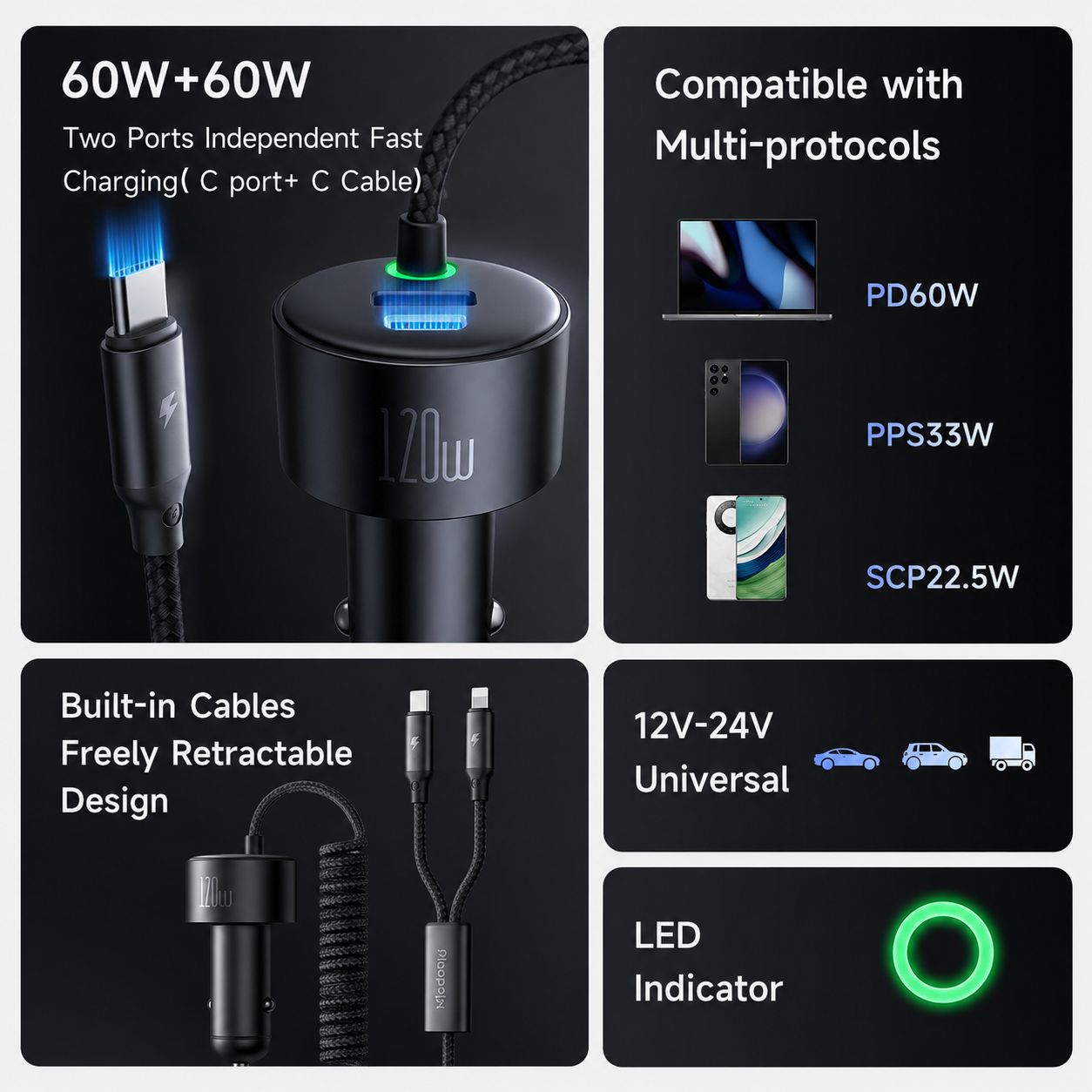 Mcdodo 120W 1C+1A Car Charger with USB-C and Lighting retractable cables