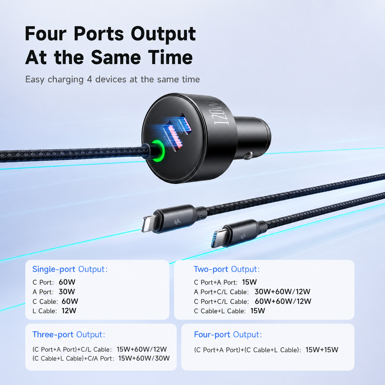 Mcdodo 120W 1C+1A Car Charger with USB-C and Lighting retractable cables