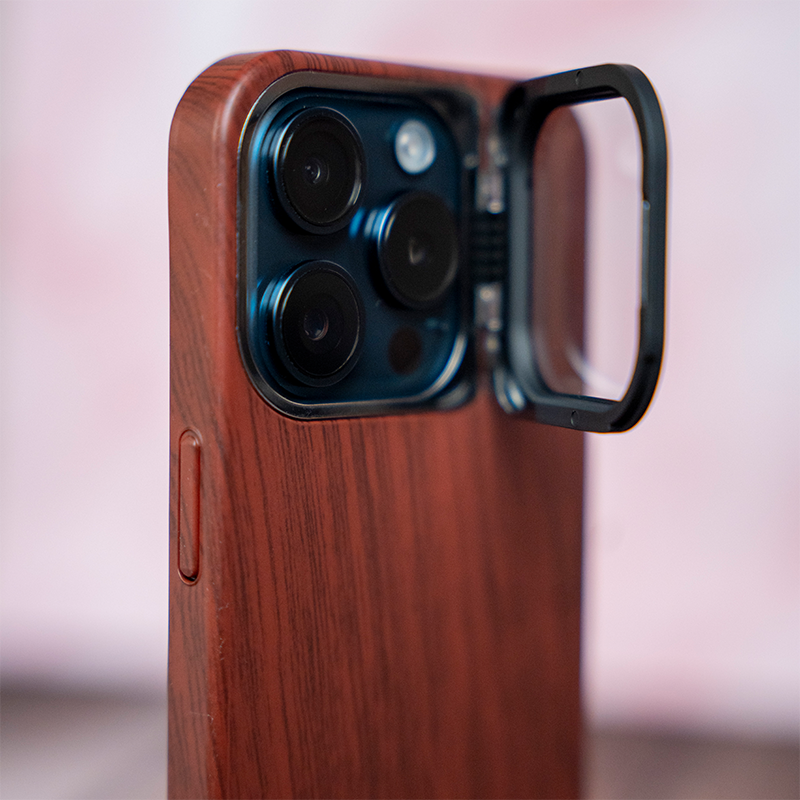 Wooden Finish Textured Case Camera Stent with Kickstand For iPhone 14 Series