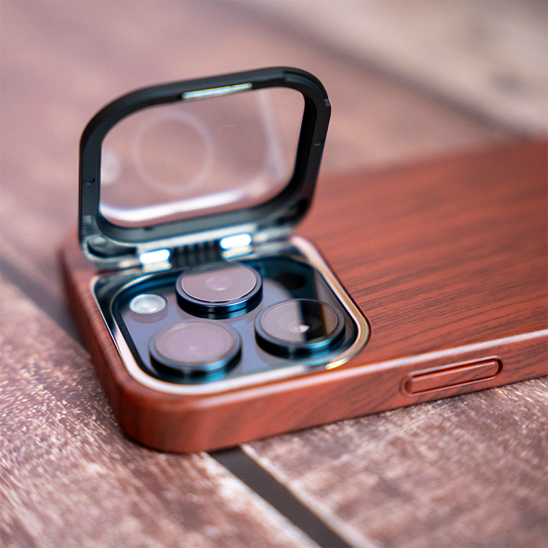 Wooden Finish Textured Case Camera Stent with Kickstand For iPhone 14 Series
