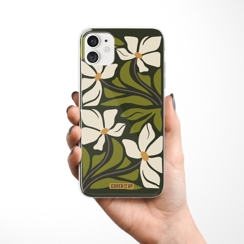 Green and White Floral Clear Silicone Case