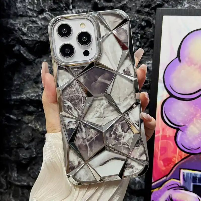 Colorful Plating Border Metal Shell Finish Marble Pattern Case For iPhone 14 Series