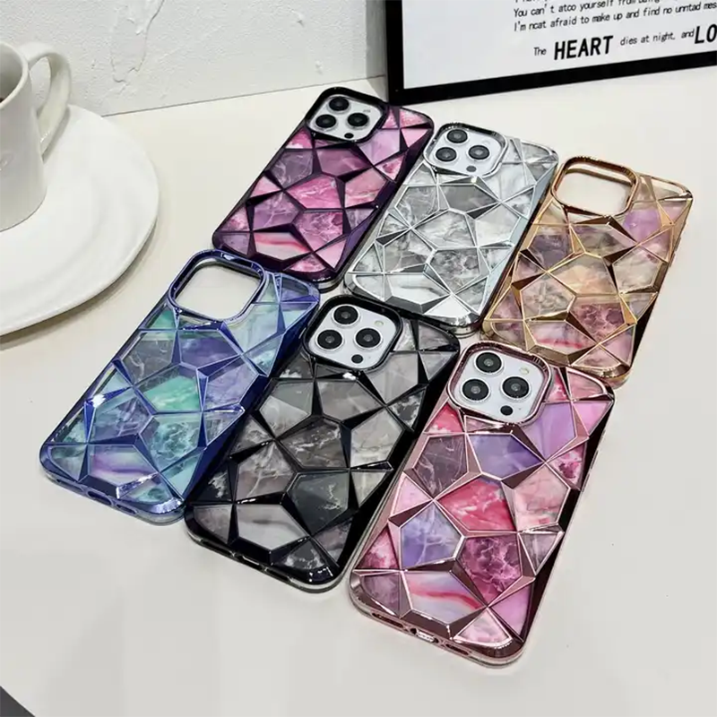 Colorful Plating Border Metal Shell Finish Marble Pattern Case For iPhone 15 Series