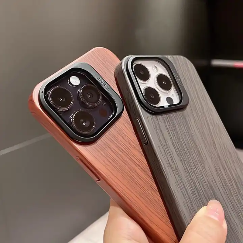 Wooden Finish Textured Case Camera Stent with Kickstand For iPhone 15 Series