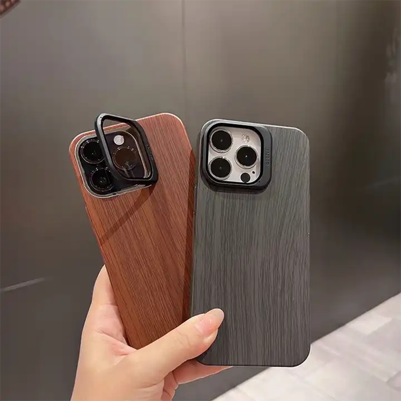 Wooden Finish Textured Case Camera Stent with Kickstand For iPhone 13 Series