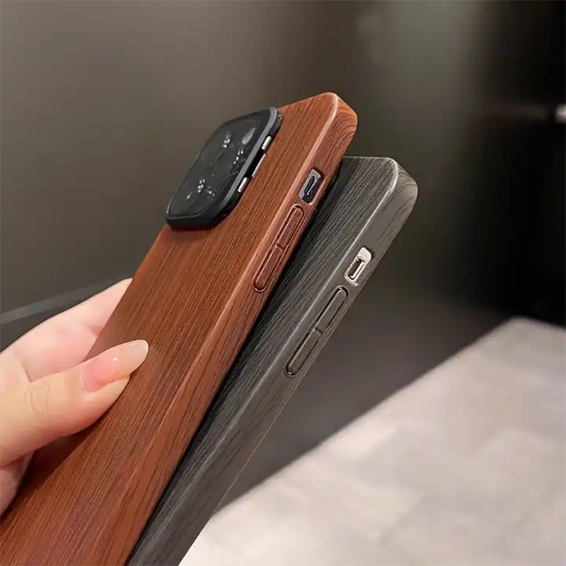 Wooden Finish Textured Case Camera Stent with Kickstand For iPhone 15 Series