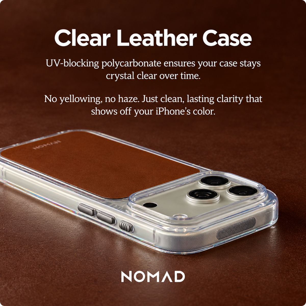 NOMAD Clear Leather iPhone 18 Pro Case Magsafe with Saddle Horween Leather