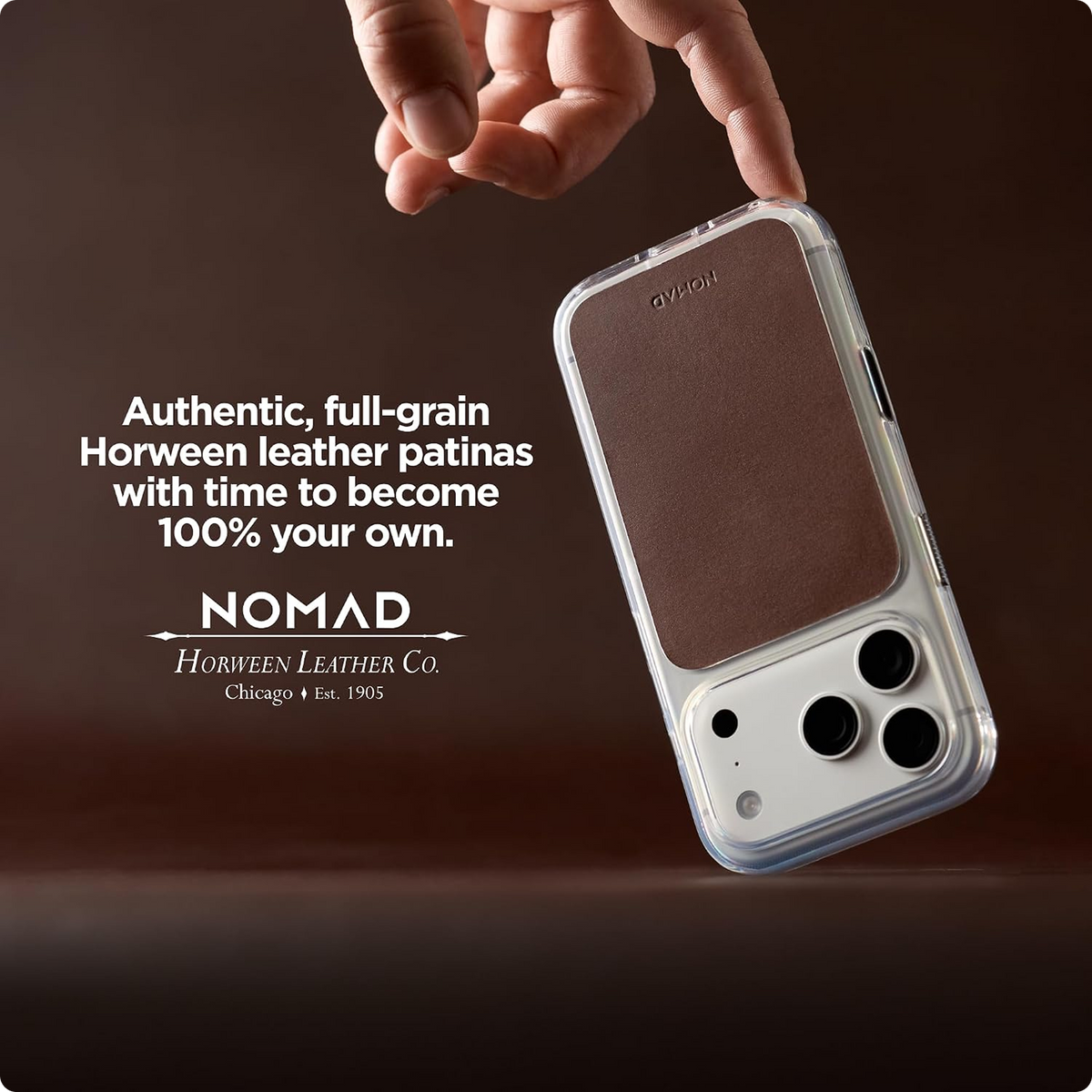 NOMAD Clear Leather iPhone 18 Pro Case Magsafe with Saddle Horween Leather