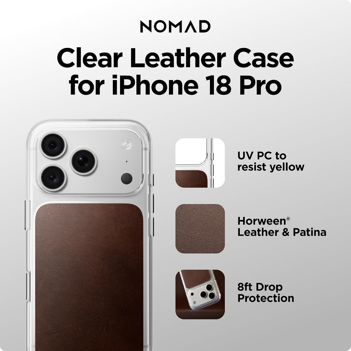 NOMAD Clear Leather iPhone 18 Pro Case Magsafe with Saddle Horween Leather