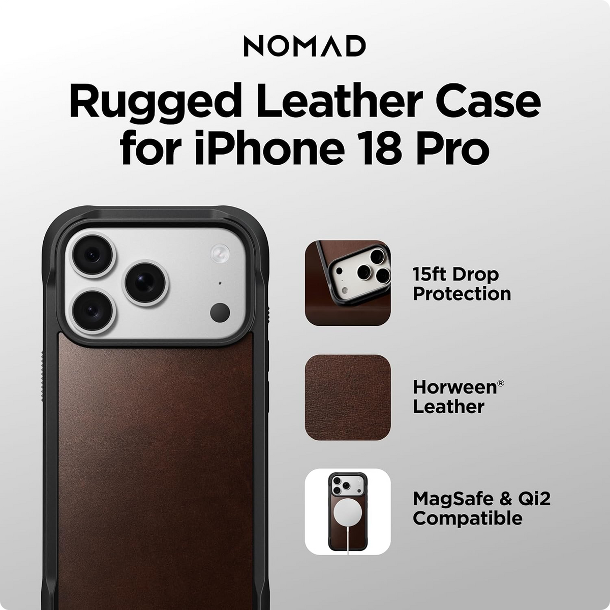 NOMAD Rugged Horween Leather Rustic Brown Case Compatible with iPhone 18 Pro Max