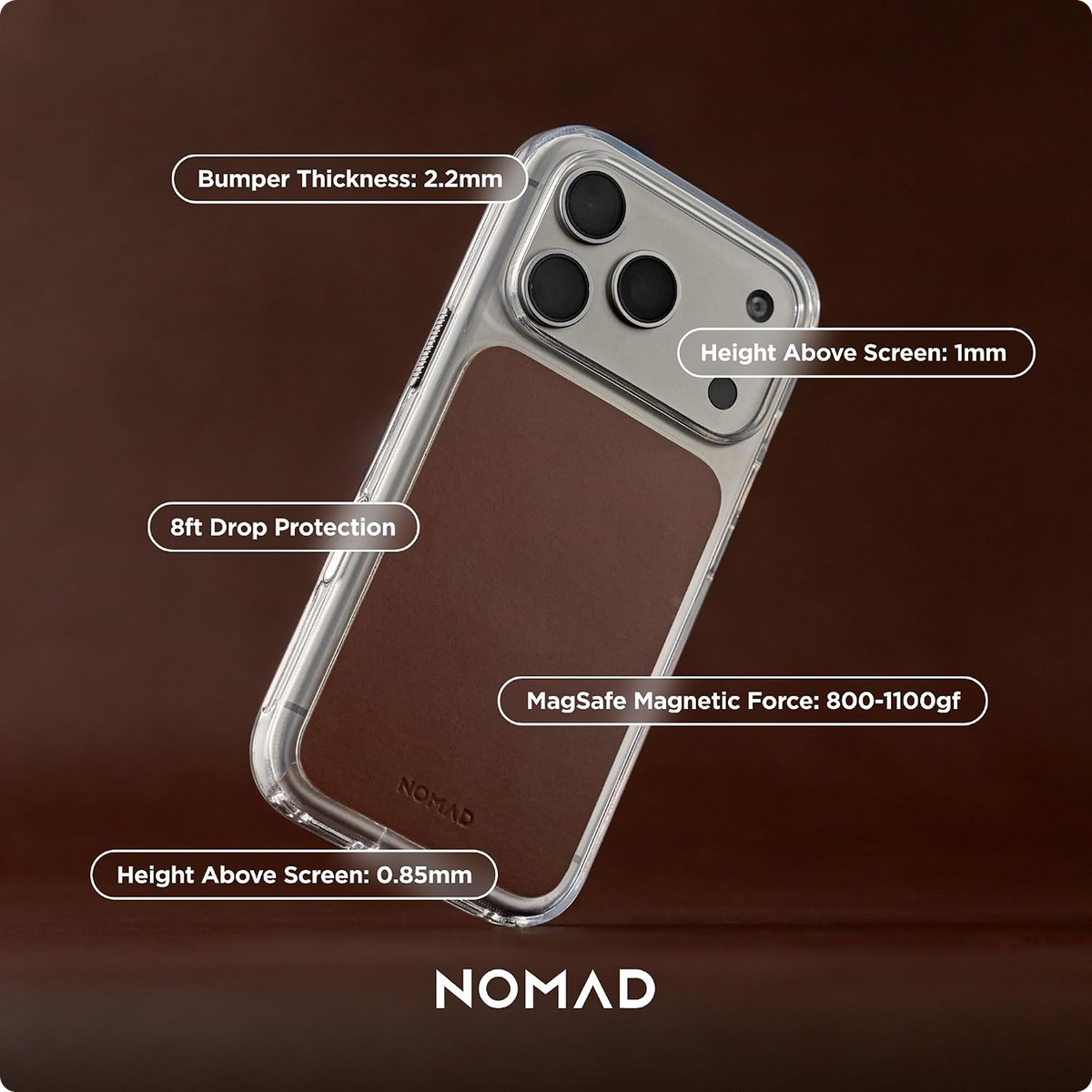 NOMAD Clear Leather iPhone 18 Pro Case Magsafe with Saddle Horween Leather