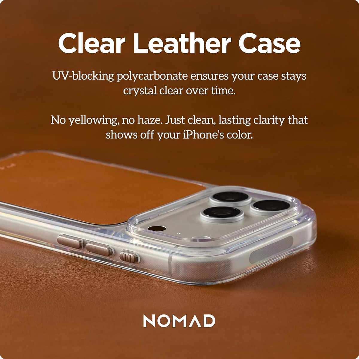 NOMAD Clear Leather iPhone 18 Pro Max Case Magsafe with Saddle Horween Leather