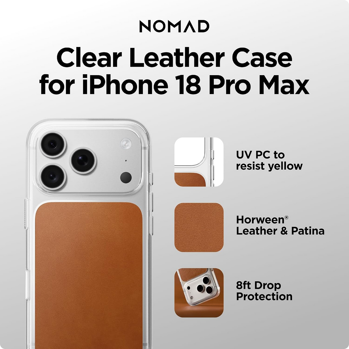 NOMAD Clear Leather iPhone 18 Pro Max Case Magsafe with Saddle Horween Leather