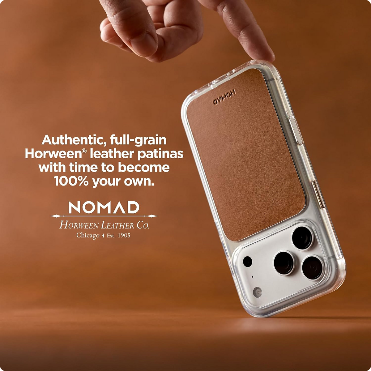NOMAD Clear Leather iPhone 18 Pro Max Case Magsafe with Saddle Horween Leather
