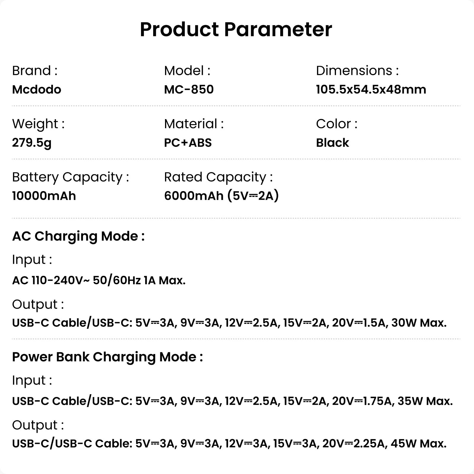 Mcdodo 45W 3-in-1 LED Display 10000 Mah Power Bank with built in International Charger & Retractable Cable