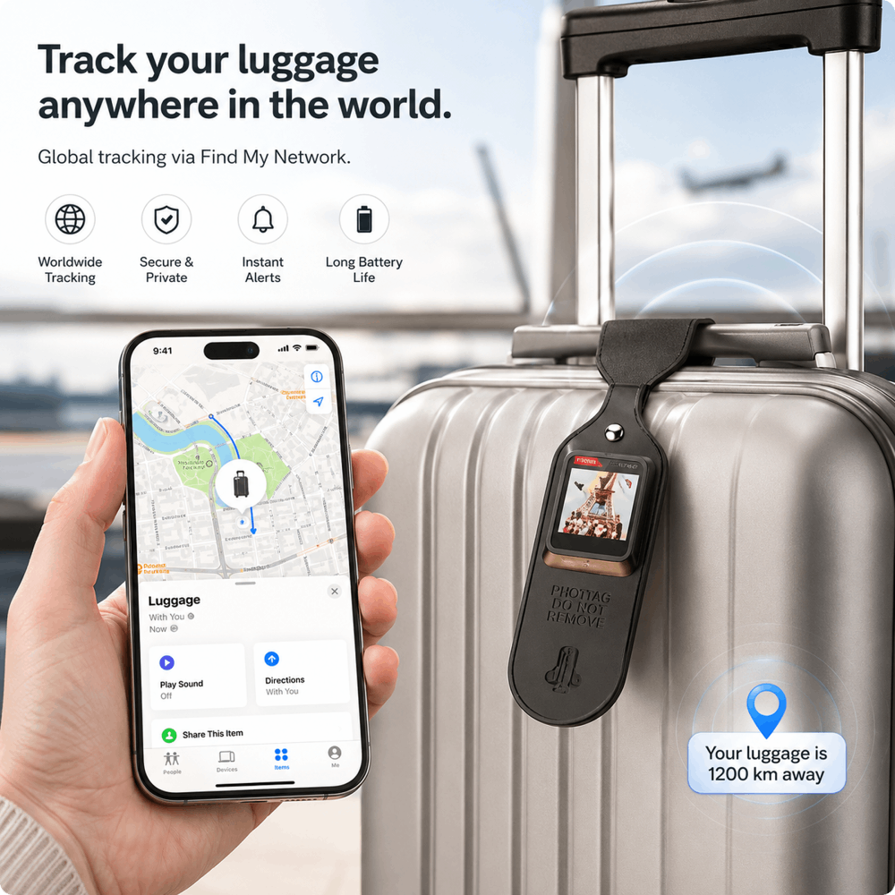 PhotoTag Smart Air Tracker Tags Finder for Android & iOS (Apple Find My & Google Find My Device), Bluetooth Locator for Luggage, Keys, Wallet. Personalized E-Ink Display, Tech Gift