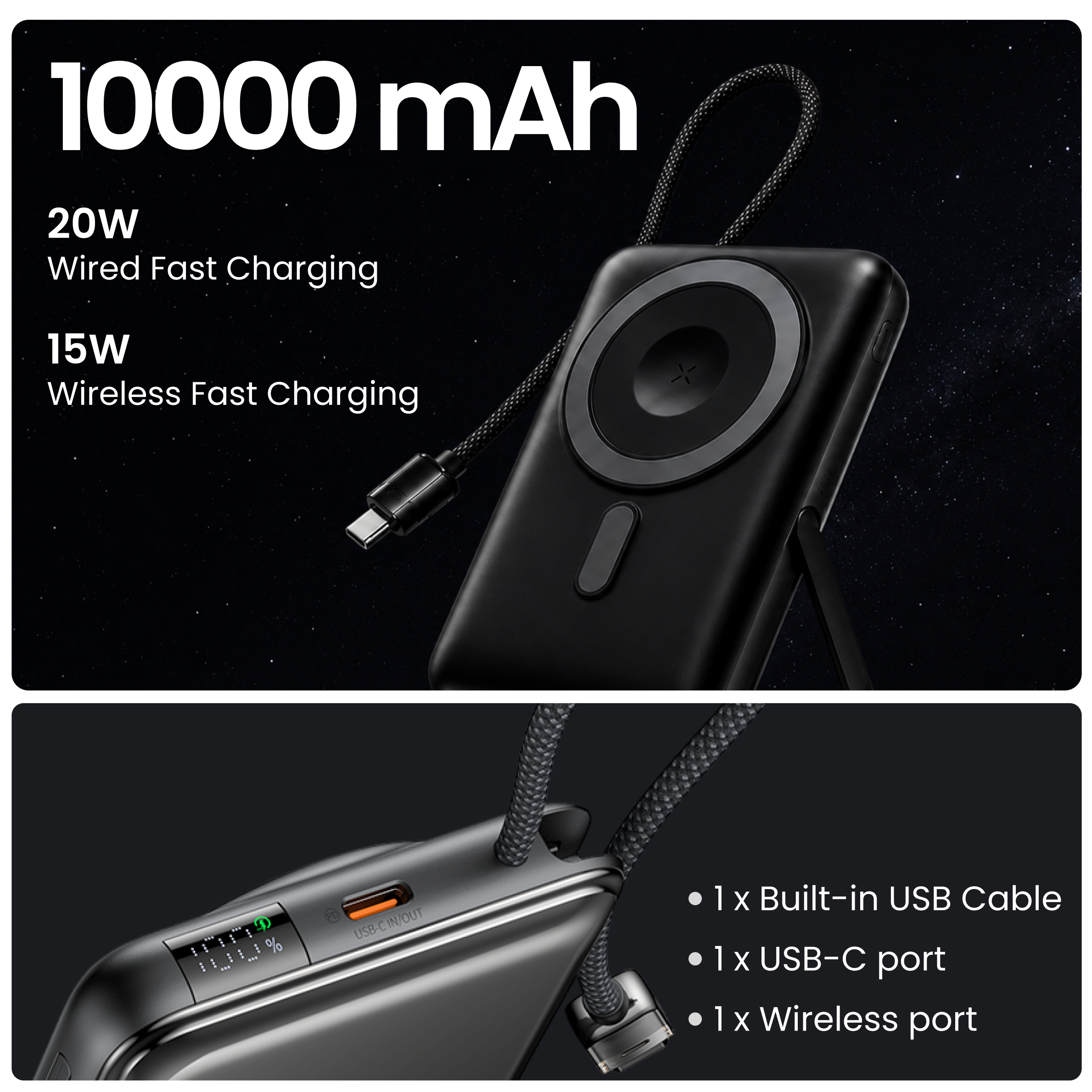 Mcdodo Dual-Zone Magnetic Power Bank with Built-in Cable & Stand 10000mAh 20W Black