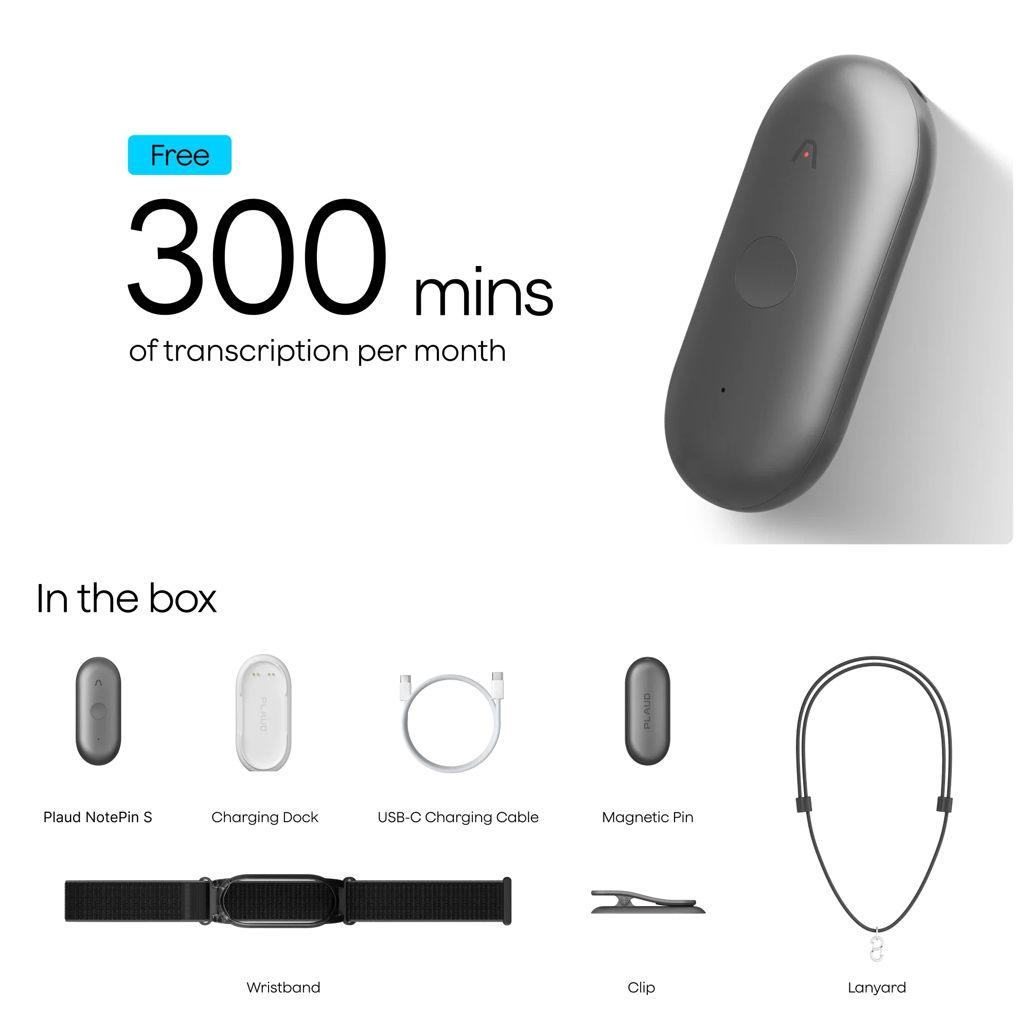 Plaud NotePin S AI Voice Recorder, Wearable AI Notetaker, AI Transcribe & Summarize, Support 112 Languages, 64GB Audio Recorder for Meetings Interviews, Professionals, Teams, with 4 Accessories