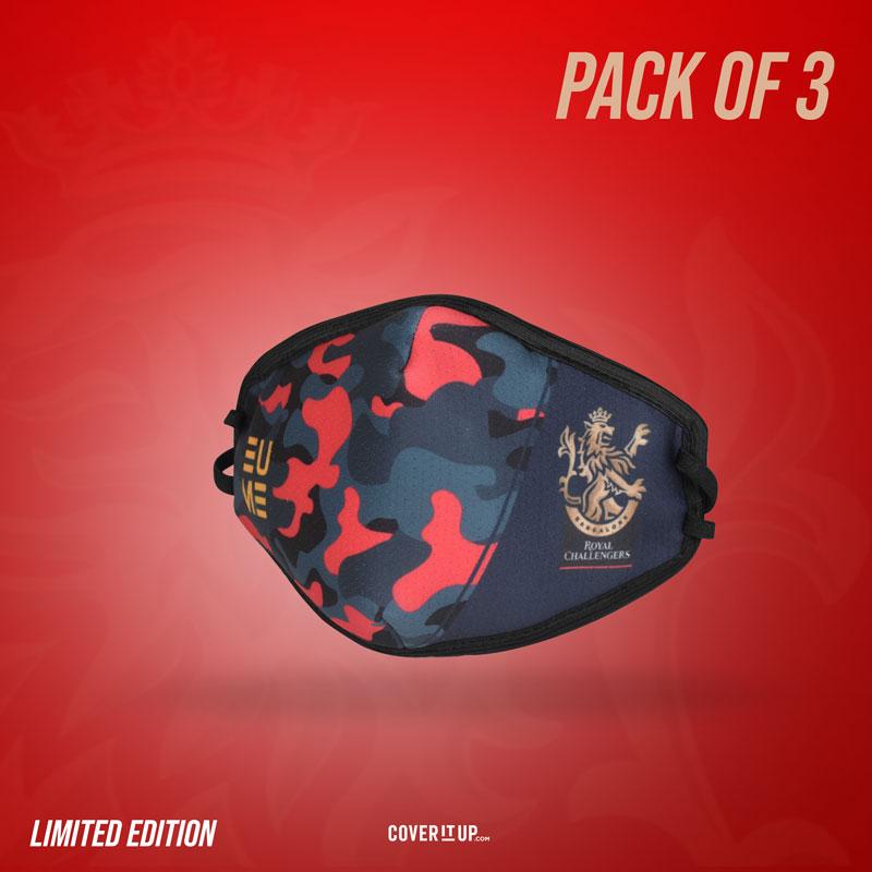 Cover It Up Face Mask Official Pack of 3- Royal Challengers Bangalore RCB Camo Blue Face Mask